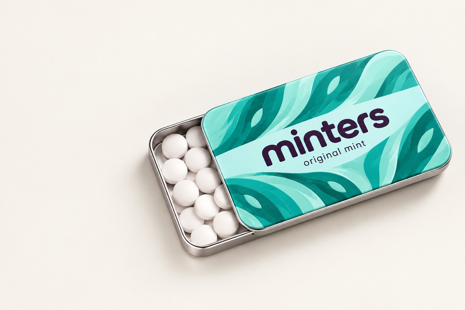 Minters Slide Tin concept with its thin graphic lid sliding away from a polished mint tray